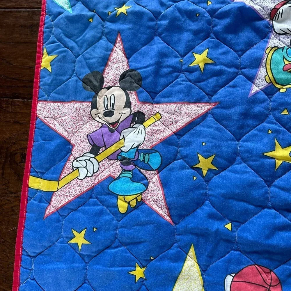 Vintage 80's Disney Quilt Sports Mickey Print 40x54 football basketball soccer b